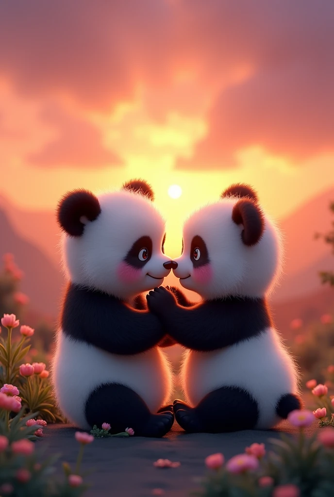 An image of a romantic, tender panda couple, all animated, playing and giving each other mutual love, more tender and if they are baby pandas, it could be better to watch the sunset