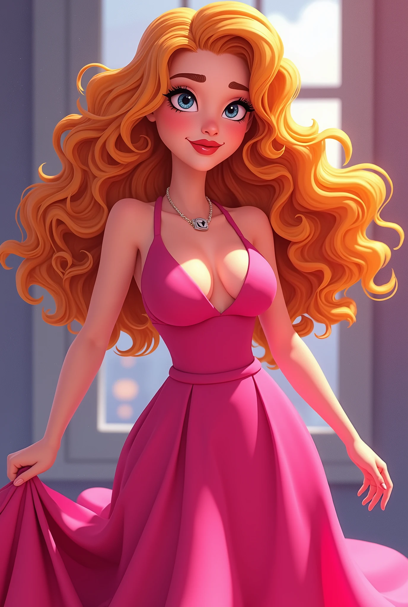Strawberry blonde curly hair woman with big breasts and a pink dress. Total drama style.