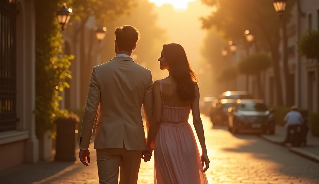 a young couple walking hand-in-hand down a beautiful boulevard, golden hour, the woman's head tenderly resting on the man's shoulder, (best quality,4k,8k,highres,masterpiece:1.2),ultra-detailed,(realistic,photorealistic,photo-realistic:1.37),intricate details,hyper-realistic,warm lighting,soft focus,romantic,dreamy,cinematic,detailed facial features,beautiful eyes,elegant hairstyles,flowing dress,dappled sunlight,lush foliage,cobblestone street,ornate architecture,atmospheric