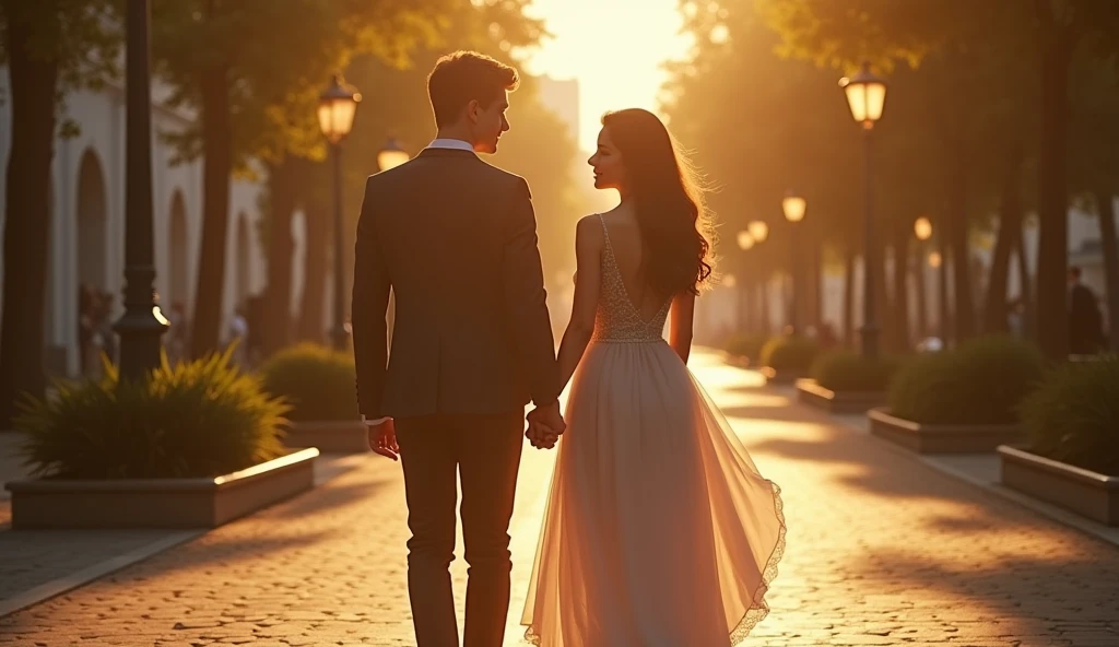 a young couple walking hand-in-hand down a beautiful boulevard, golden hour, the woman's head tenderly resting on the man's shoulder, (best quality,4k,8k,highres,masterpiece:1.2),ultra-detailed,(realistic,photorealistic,photo-realistic:1.37),intricate details,hyper-realistic,warm lighting,soft focus,romantic,dreamy,cinematic,detailed facial features,beautiful eyes,elegant hairstyles,flowing dress,dappled sunlight,lush foliage,cobblestone street,ornate architecture,atmospheric