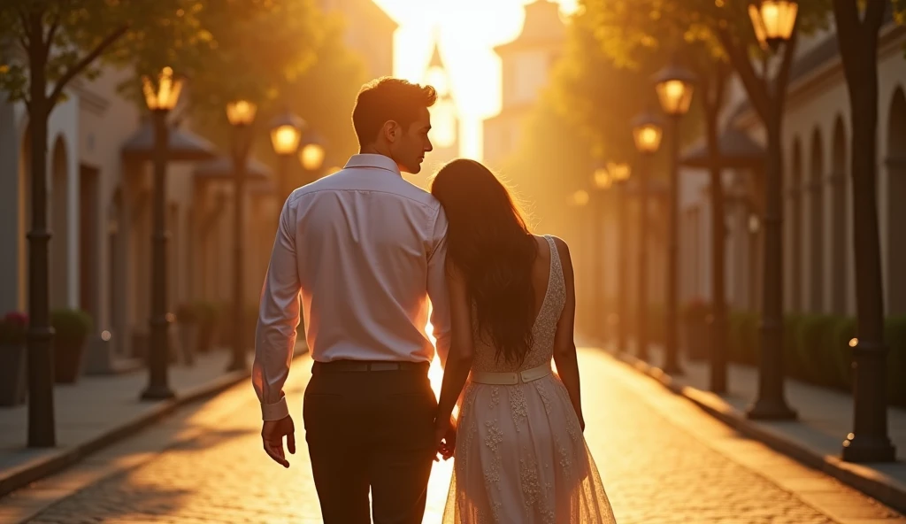 a young couple walking hand-in-hand down a beautiful boulevard, golden hour, the woman's head tenderly resting on the man's shoulder, (best quality,4k,8k,highres,masterpiece:1.2),ultra-detailed,(realistic,photorealistic,photo-realistic:1.37),intricate details,hyper-realistic,warm lighting,soft focus,romantic,dreamy,cinematic,detailed facial features,beautiful eyes,elegant hairstyles,flowing dress,dappled sunlight,lush foliage,cobblestone street,ornate architecture,atmospheric