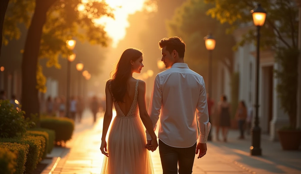 a young couple walking hand-in-hand down a beautiful boulevard, golden hour, the woman's head tenderly resting on the man's shoulder, (best quality,4k,8k,highres,masterpiece:1.2),ultra-detailed,(realistic,photorealistic,photo-realistic:1.37),intricate details,hyper-realistic,warm lighting,soft focus,romantic,dreamy,cinematic,detailed facial features,beautiful eyes,elegant hairstyles,flowing dress,dappled sunlight,lush foliage,cobblestone street,ornate architecture,atmospheric