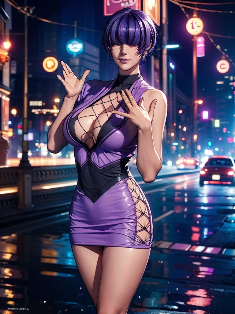 (at night), alone, in a video game scene a background of a beautiful city during the day raining, standing at attention, purple hair, ((purple hair)), 1 girl, alone, 20 years old, young woman , perfect hands, beautiful and perfect fingers, beautiful long legs, perfect legs, beautiful body, beautiful nose, beautiful character design, perfect face, look at the viewer with a serious gesture and in an attack position (focusing on his face), closed mouth , Light_Smile, official art, extremely detailed CG unity 8k wallpaper, perfect lighting, bright and colorful front lighting, glowing skin (masterpiece: 1.0), (best_quality: 1.0), ultra high resolution, 4K, ultra detailed photography, 8K , HDR, high resolution, nonsense: 1.2, Kodak portra 400, film grain, blurred background, bokeh: 1.2, lens flare, (vibrant_color:1.2), professional photography, (beautiful_face: 1.5), (narrow waist),