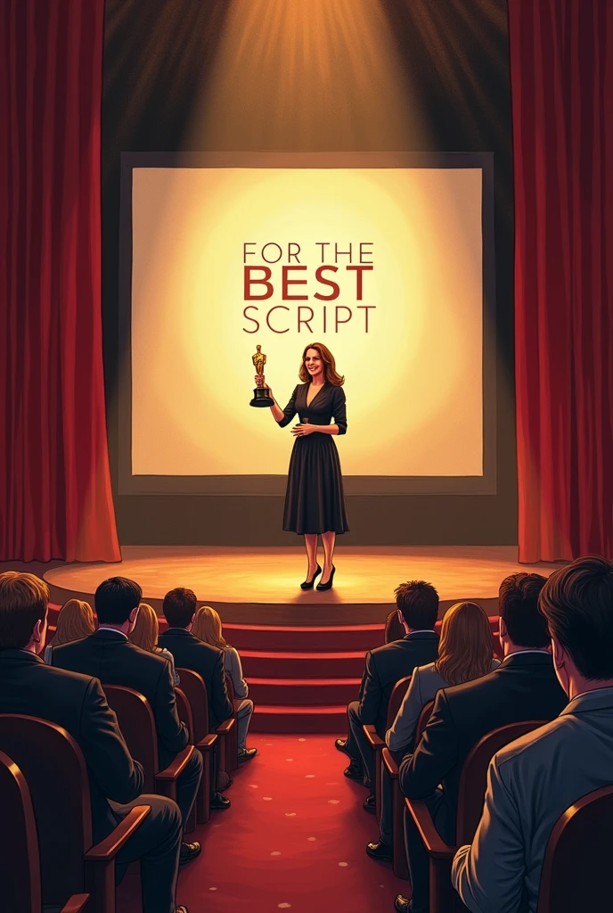 Create an drawing where a woman stands on the stage while the oscar contest, holding an oscar statuate in her hand for the best script to the movie and behind her is screen with text,, for the best script ". The woman is standing i front of pov. The size of the drawing is horizontally and the pov is from the viever who sits and the end of the hall, the woman is in front of his eyes and the audience is also on the picture in front of the viever