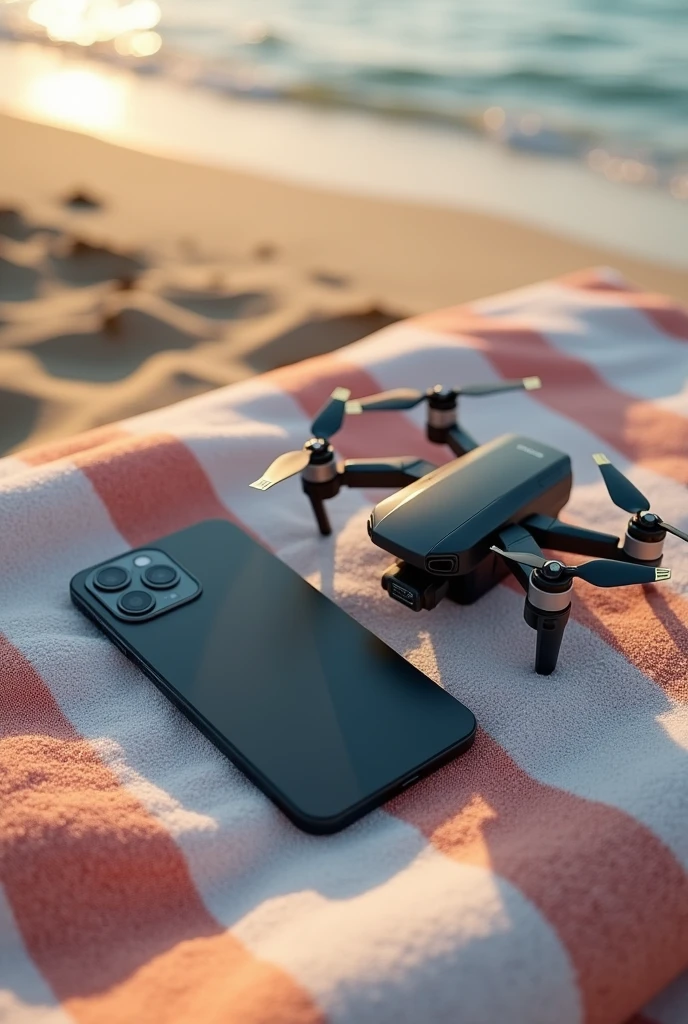 (photorealism:1.2), a black iPhone 15 max and a dji mini 2 drone on a beach towel, taken from above