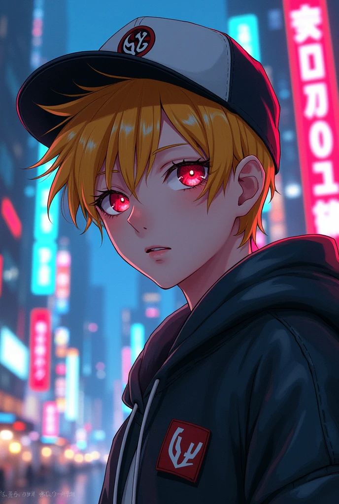 age man, yellow hair, Red eyes, cap, night city landscape, anime style,