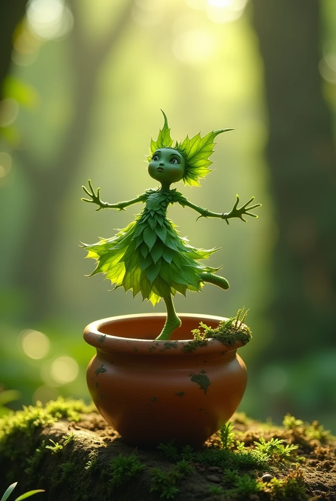 A whimsical miniature figure composed of delicately arranged green leaves, poised in a carefree dance on the rim of a weathered, moss-covered terracotta pot, set against a lush, vibrant forest backdrop, where dappled sunlight filters through the canopy above, casting intricate shadows. The overall aesthetic is ethereal, with warm, earthy tones of sienna, umber, and olive green, infused with hints of emerald and golden light, evoking a sense of wonder and enchantment, as if plucked from a fantastical realm.