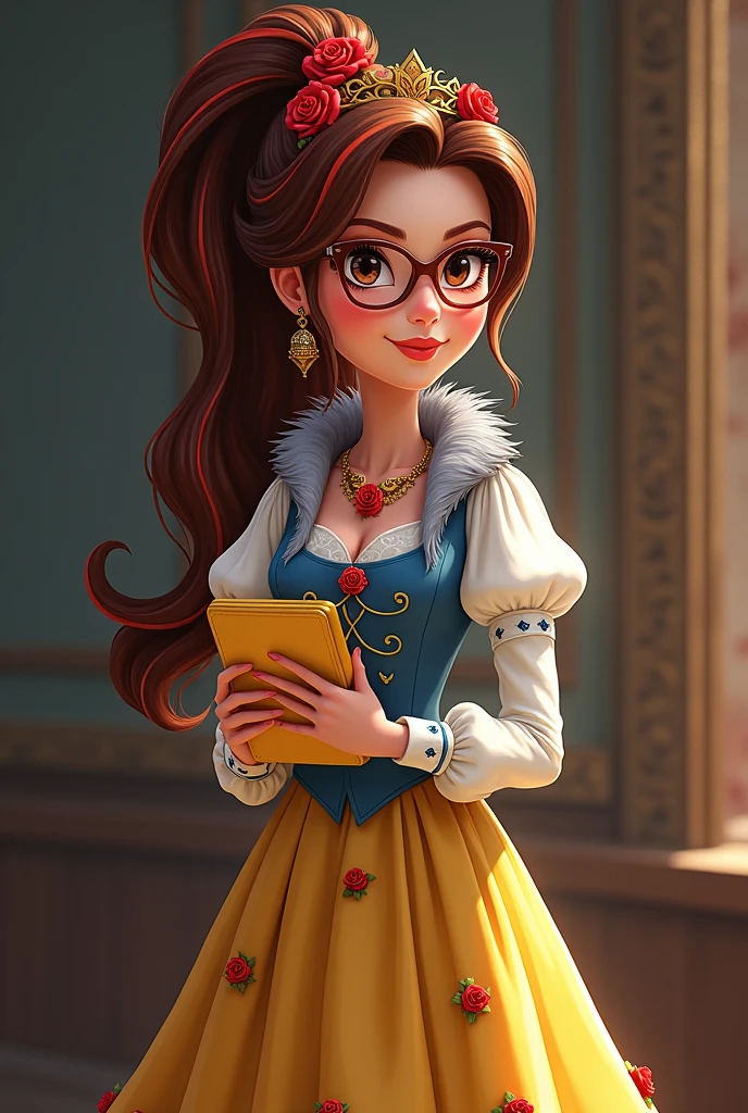 Imagem da filha da Ramona Badwof e da Rosabella Beauty de Ever After High: A long wavy brown ponytail with red streaked bangs, first of all, light brown eyes, brown glasses with a red rose, long white blouse with blue, with red roses on the blouse and sleeves, yellow skirt with golden roses, a faux fur collar around the neck of gray color, wolf earrings, wolf necklace,brown high heel boots with roses, golden flower tiara on head, You have to be holding a yellow tablet with red roses in your hands, You have to have red highlights in your hair, cannot have wolf ears on the head and in the hair, without wolf ears, I don&#39;t want her to have wolf ears 