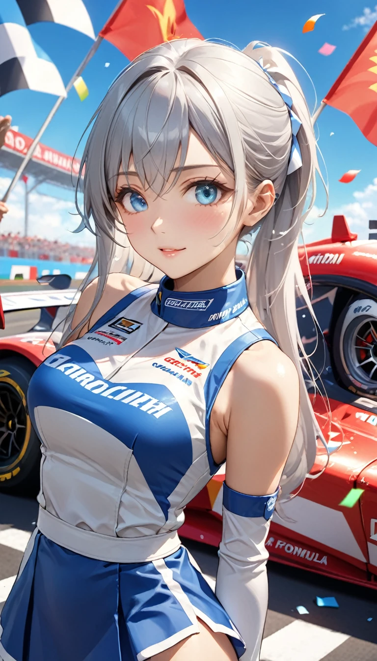 Highest quality, Great quality, 16K, Unbelievably absurd, Very detailed, 2.5D, delicate and dynamic, blue sky, Confetti, Racing Car, flag, Small face, Very delicate facial expressions, Delicate eye depiction, Very fine hair, Upper body close-up, erotic, Only sexy women, Healthy body shape, 2. Women, Race Queen, Height: 170cm, Big companies go bankrupt, Silvery long hair, Sexy long legs, Glowing Skin, , 派手なRace Queenのコスチューム, Blue tight skirt, White Leather Long Boots, Formula 1, Auto Racing Track