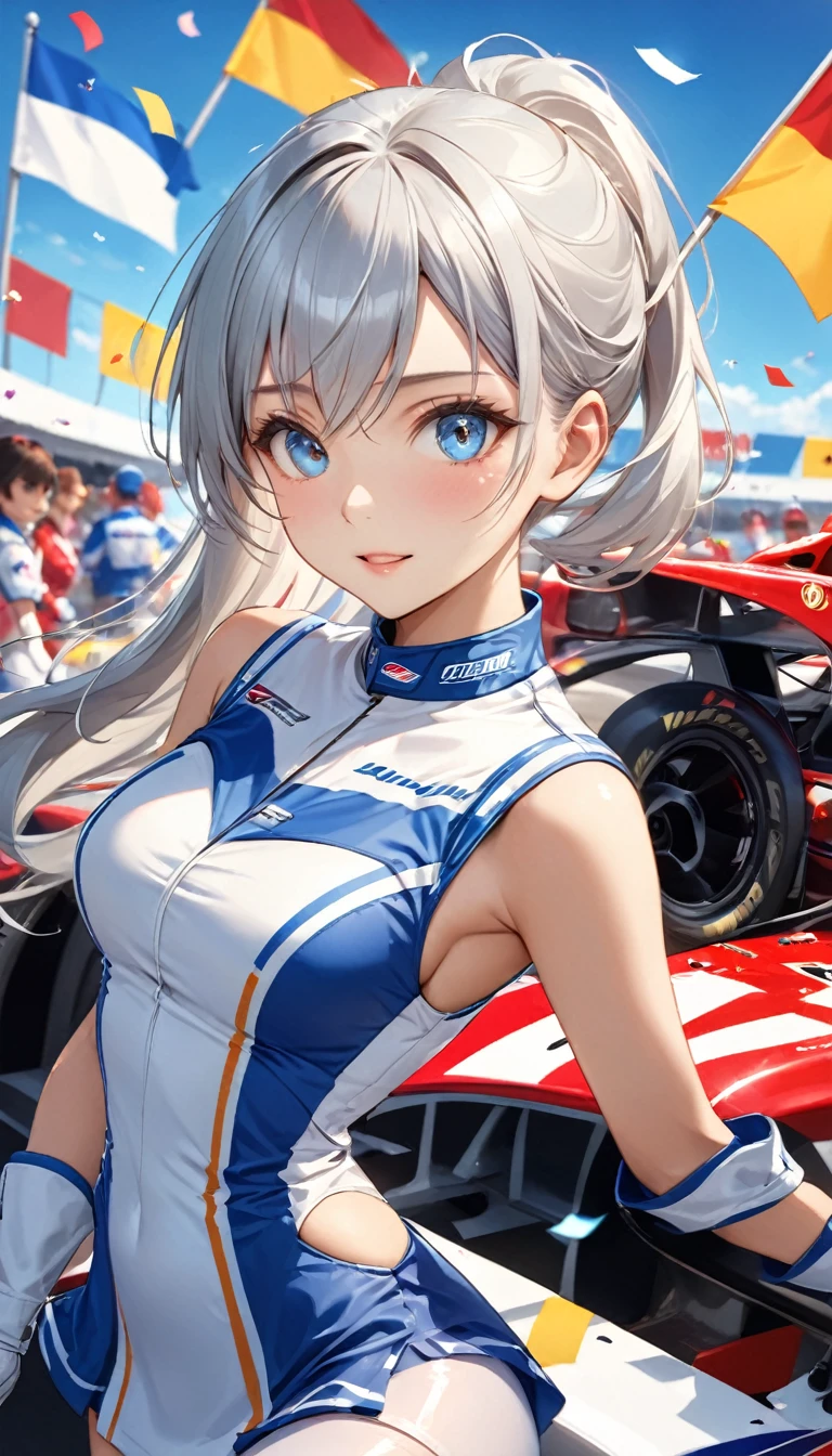 Highest quality, Great quality, 16K, Unbelievably absurd, Very detailed, 2.5D, delicate and dynamic, blue sky, Confetti, Racing Car, flag, Small face, Very delicate facial expressions, Delicate eye depiction, Very fine hair, Upper body close-up, erotic, Only sexy women, Healthy body shape, 2. Women, Race Queen, Height: 170cm, Big companies go bankrupt, Silvery long hair, Sexy long legs, Glowing Skin, , 派手なRace Queenのコスチューム, Blue tight skirt, White Leather Long Boots, Formula 1, Auto Racing Track
