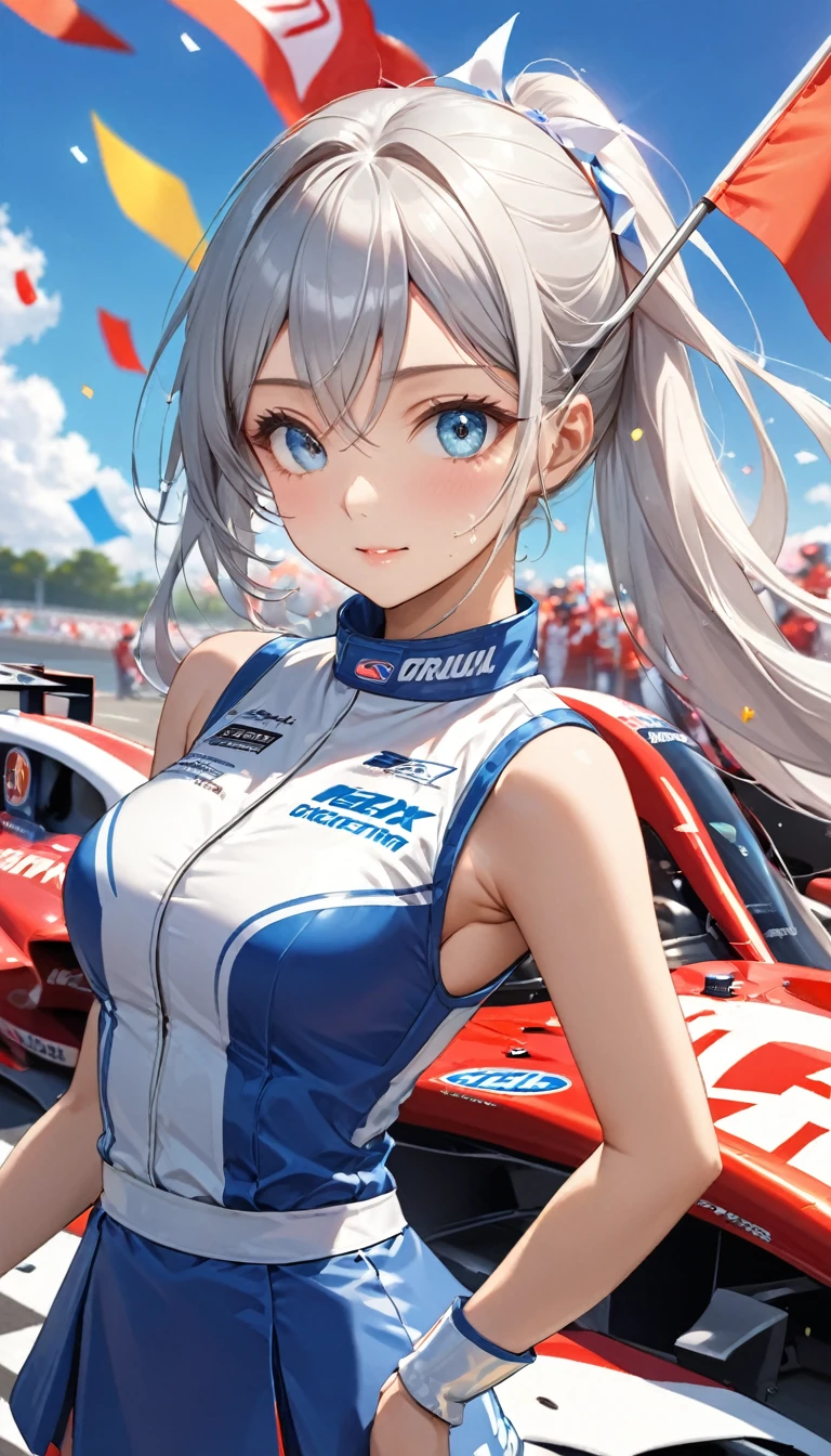 Highest quality, Great quality, 16K, Unbelievably absurd, Very detailed, 2.5D, delicate and dynamic, blue sky, Confetti, Racing Car, flag, Small face, Very delicate facial expressions, Delicate eye depiction, Very fine hair, Upper body close-up, erotic, Only sexy women, Healthy body shape, 2. Women, Race Queen, Height: 170cm, Big companies go bankrupt, Silvery long hair, Sexy long legs, Glowing Skin, , 派手なRace Queenのコスチューム, Blue tight skirt, White Leather Long Boots, Formula 1, Auto Racing Track