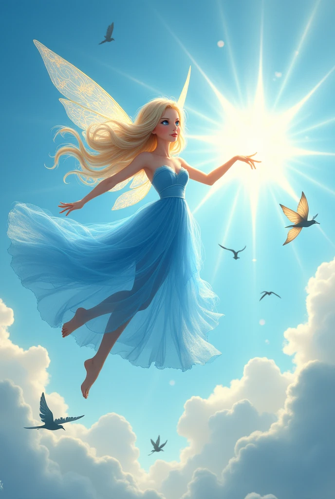a cute fairy flying in a clear sky with a radiant sun, abundant light, birds around, clouds, beauty, vibrant colors, fair skin, beautiful, blue eyes, delicate features, blonde hair, blue dress, hapiness, high quality, 8K, use sofisticated skills to give life for this vivid and gracious image