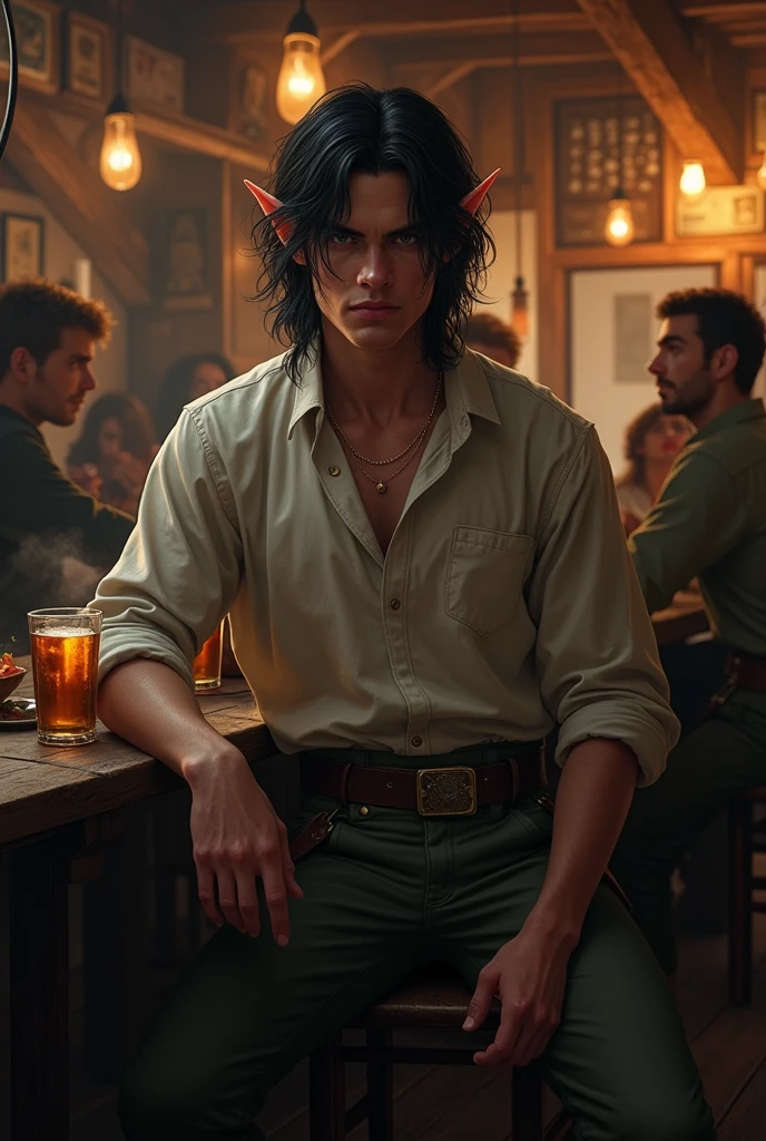 A young dark-haired man in a tavern wearing a standard outfit, this young man is half elf