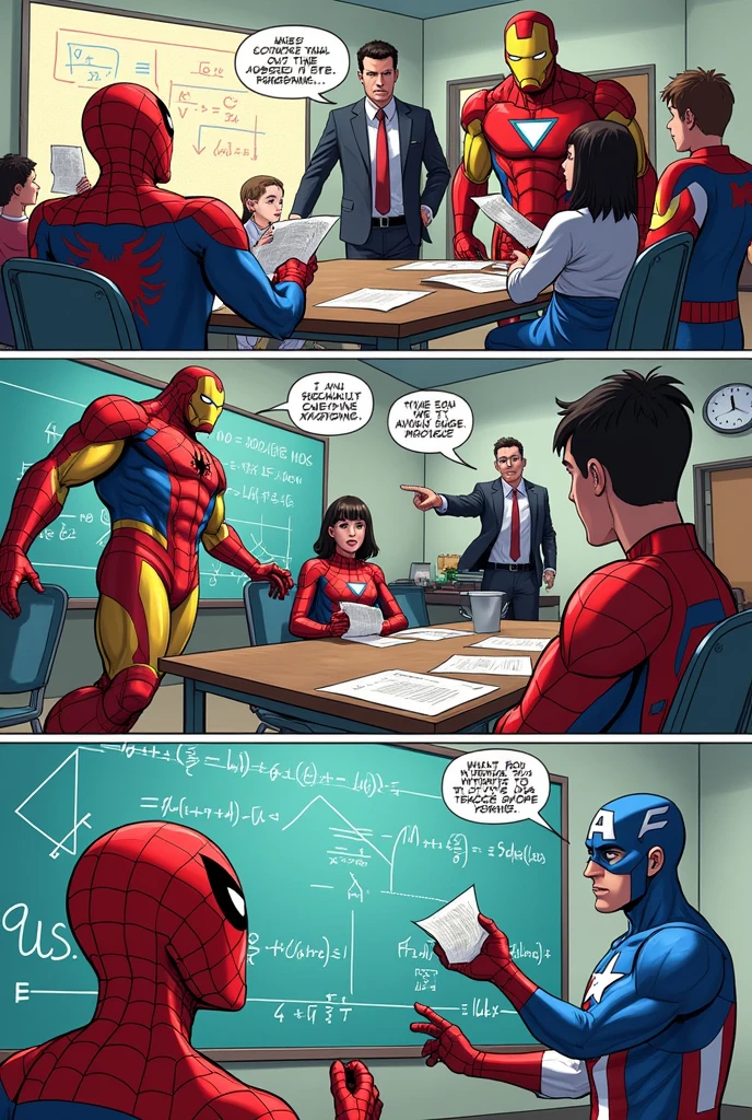 Page from a comic book with Marvel characters teaching quadratic equations