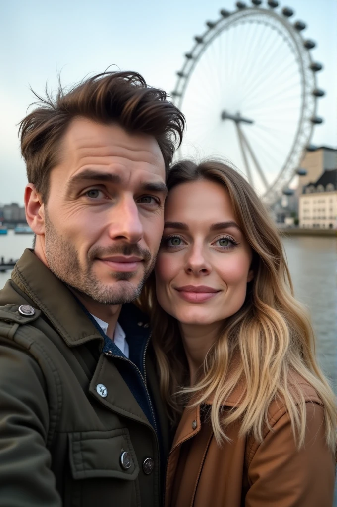A couple hugging in front of the London Eye, taking a profile selfie man brown hair and eyes, with old money style haircut, blonde woman with green eyes 8k ultra realistic photorealistic