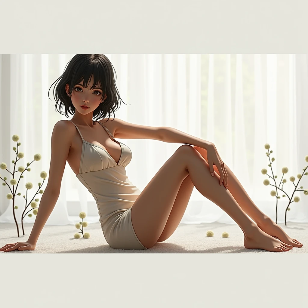 (short hair), Wavy (Black Hair) and (Young woman with bangs). Wearing a one-piece dress, (Large Breasts)、Japanese、40s
