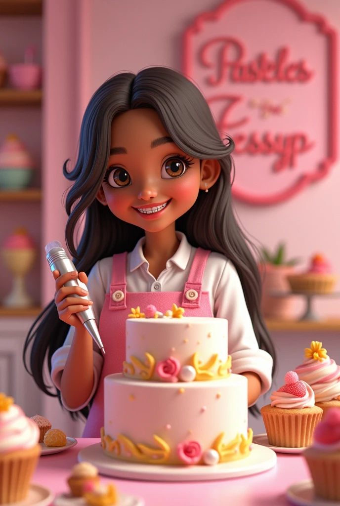 Pastry girl, light brown skin color, dark brown eyes,smiling with braces on teeth, long loose hair, hair with caramel balayage, with a sign “Pasteles JessyP” in pink flowery letters hanging on the wall, Pink colour, around cakes, cupcakes and the girl decorating a 2-tier cake with a pastry bag