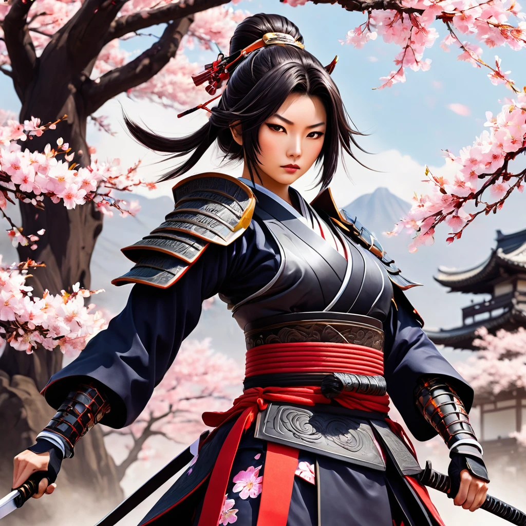 a samurai woman,traditional japanese warrior woman, armors,elsword,fierce expression,olhos intensos,stoic behavior,serene background,detailed body armors,ornamental helmet,sharp katana,dramatic pose,expert elswordsmanship,ancient japanese landscape,cherry blossoms falling,dynamic action,agile movement,Samurai Spirit,Honor and loyalty,Realistic representation,bright coloured,high contrast lighting,shadow and highlights,emotionally charged atmosphere,ink brushstroke style,traditional japanese calligraphy,Graceful elegance,mysterious aura,endless battle,Warrior Code.