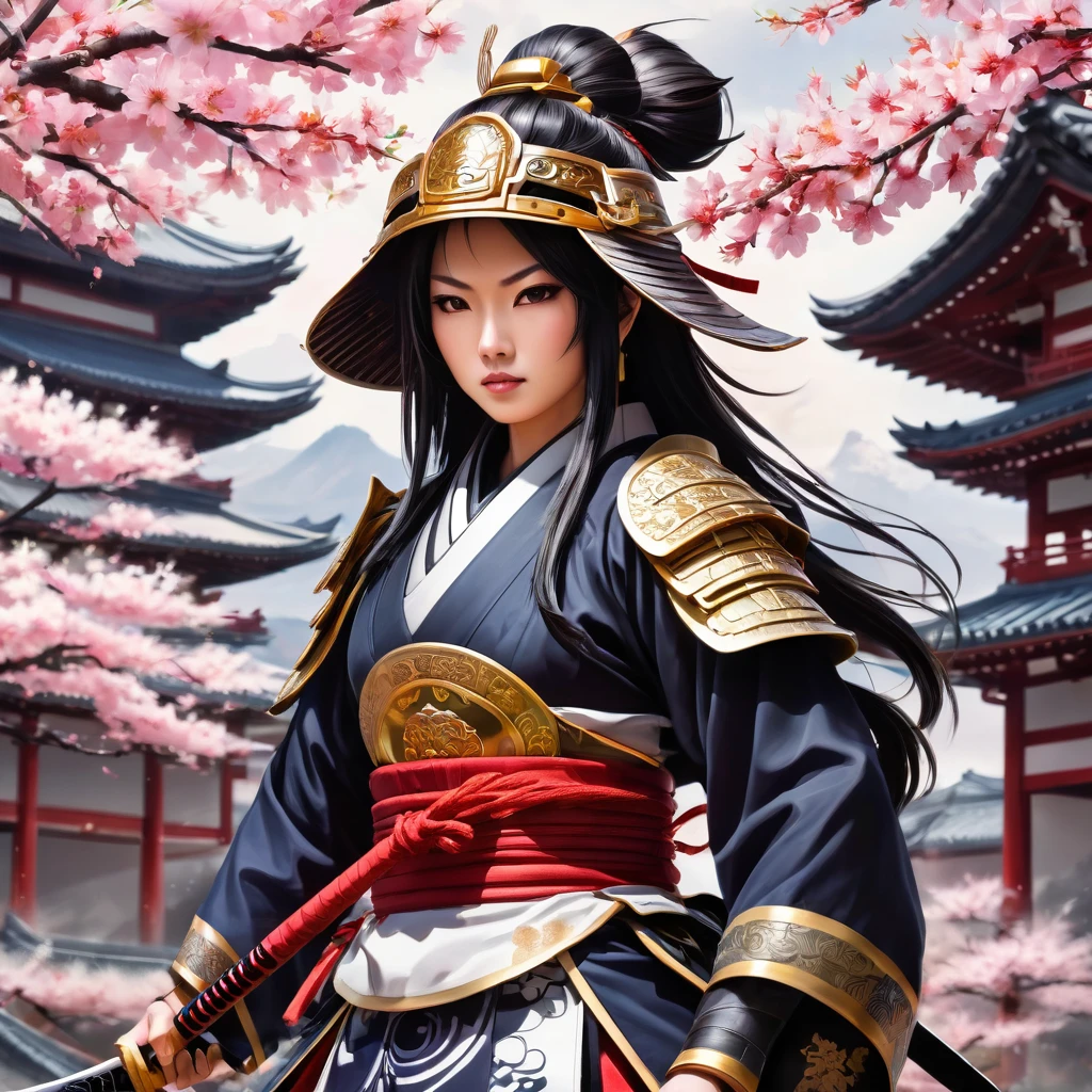 a samurai woman,traditional japanese warrior woman, armors,elsword,fierce expression,olhos intensos,stoic behavior,serene background,detailed body armors,ornamental helmet,sharp katana,dramatic pose,expert elswordsmanship,ancient japanese landscape,cherry blossoms falling,dynamic action,agile movement,Samurai Spirit,Honor and loyalty,Realistic representation,bright coloured,high contrast lighting,shadow and highlights,emotionally charged atmosphere,ink brushstroke style,traditional japanese calligraphy,Graceful elegance,mysterious aura,endless battle,Warrior Code.