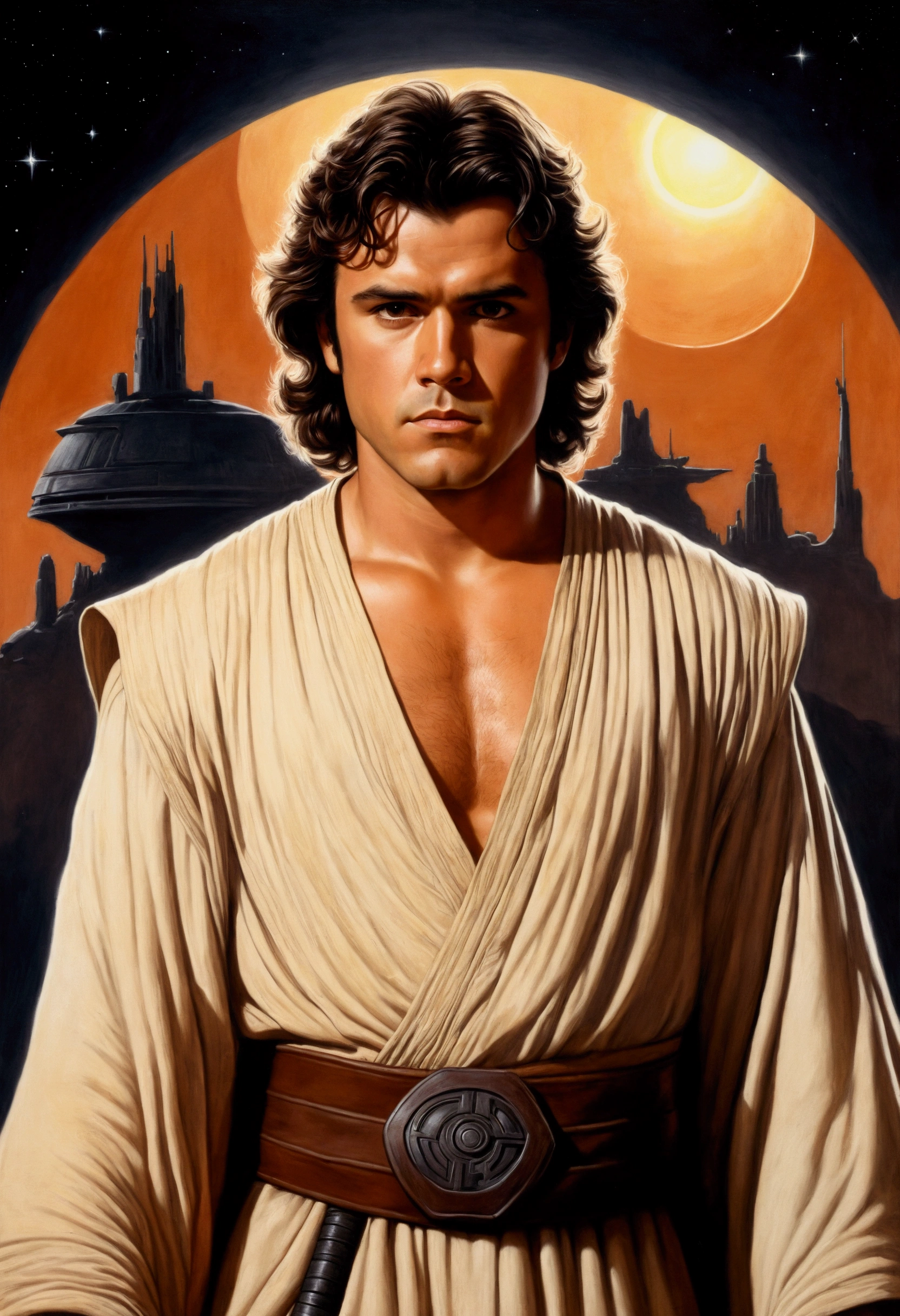 An illustrated movie poster, hand-drawn, full color, a Jedi Knight, 25-years-old, male, wearing a tunic shirt, portly figure, broad shoulders, muscular, hairy body, lost of body hair, brown eyes, brown-black hair, curly voluminous mane, sun-tanned skin, resembles Gavin Leatherwood, standing in a seedy cantina, graphite shading, stencil marks, airbrushed acrylic paint, masterpiece, in the style of Drew Struzan
