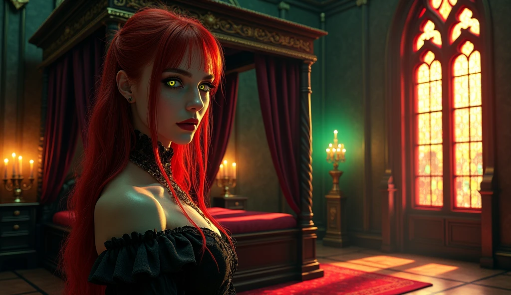 An extra wide angle on a big full room 16:9,(masterpiece Quality),insanely detailed interior design of a vampire lair in dark gothic medieval style),(royal canopy four-poster bed, black-matte velvet drapes 16k,(An ultra hot),(1 female age 18),(random poses),(an evil vampire style),realistic,ultra-thick,long bright,vibrant colours,bloodred:0.9,golden shimmer:0.1 hair),(extra large,high contrast,green:0.9, bright yellow:0.1 eyes),(extra long,thick,dark eyelashes),(blood red,plump lips),(beautiful eyes),(detailed hands,realistic long monsters claws on 5 fingers each hand:2.0)best quality body,wide hips,Big breasts,big ass,(glowing skin:1.2),(2 perfect legs:1.1),(attractive expression,alluring:1.3),(Look at me),(best quality,16k,highres,One piece of stained ibrant red:1.1,green:0.9 coloredglass window to the right,vibrant red:1.1,green:0.9 colored rays ,detailed intricate patterns,architectural element,dark and mysterious atmosphere, flickering candlelight,medieval-style candelabrum),(rich, deep black, base color,stunning play of light and shadow:2.0),(all in wide room spectrum:2.0).#The entire setup is masterpiece 1:3 framed with the grandeur of royal,medieval gothic style, focus on entire room 16k#