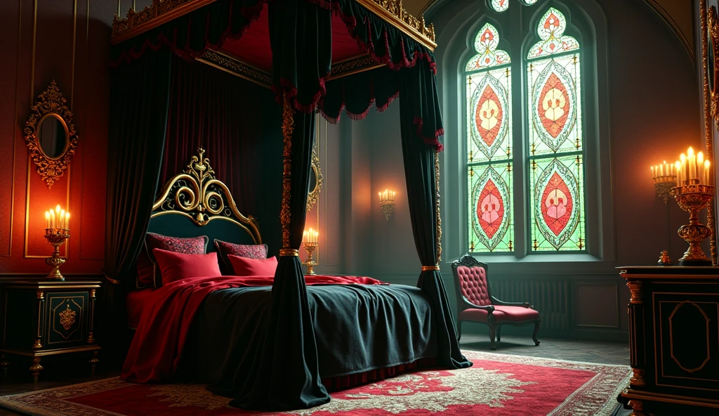 An extra wide angle on a big full room 16:9,(masterpiece Quality),insanely detailed interior design of a vampire lair in dark gothic medieval style),(royal canopy four-poster bed, black-matte velvet drapes 16k,(An ultra hot),(1 female age 18),(random poses),(an evil vampire style),realistic,ultra-thick,long bright,vibrant colours,bloodred:0.9,golden shimmer:0.1 hair),(extra large,high contrast,green:0.9, bright yellow:0.1 eyes),(extra long,thick,dark eyelashes),(blood red,plump lips),(beautiful eyes),(detailed hands,realistic long monsters claws on 5 fingers each hand:2.0)best quality body,wide hips,Big breasts,big ass,(glowing skin:1.2),(2 perfect legs:1.1),(attractive expression,alluring:1.3),(Look at me),(best quality,16k,highres,One piece of stained ibrant red:1.1,green:0.9 coloredglass window to the right,vibrant red:1.1,green:0.9 colored rays ,detailed intricate patterns,architectural element,dark and mysterious atmosphere, flickering candlelight,medieval-style candelabrum),(rich, deep black, base color,stunning play of light and shadow:2.0),(all in wide room spectrum:2.0).#The entire setup is masterpiece 1:3 framed with the grandeur of royal,medieval gothic style, focus on entire room 16k#