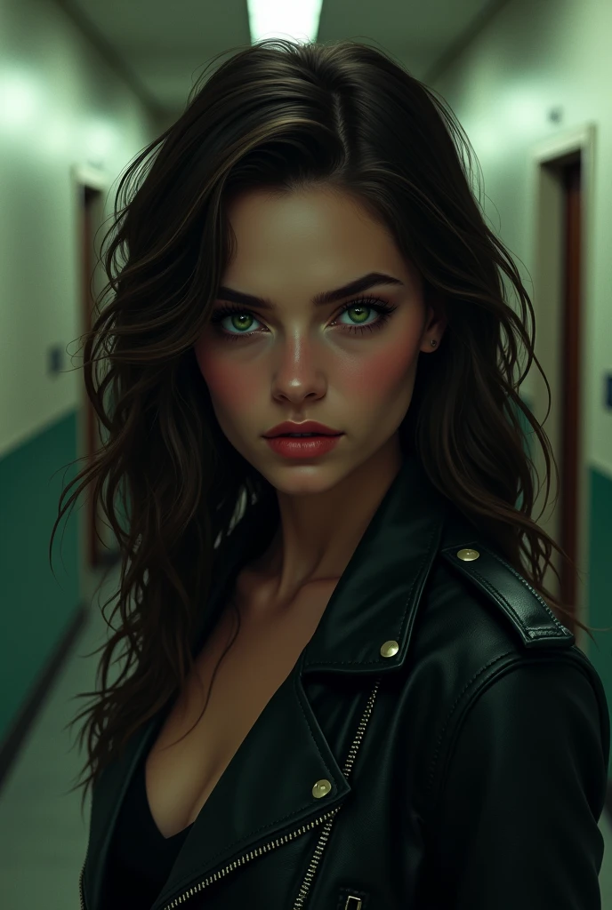 create an illustration of a young woman who looks 2, very dark brown hair, wavy and long, parted on the side, very white skin and slightly pink cheeks and light green eyes, wearing leather jacket, her fatal, sexy and serious look in digital illustration style inspired by GTA V loading screens, Her sexy expression, low lighting. thriller atmosphere. Background of a university hallway in the dark music room