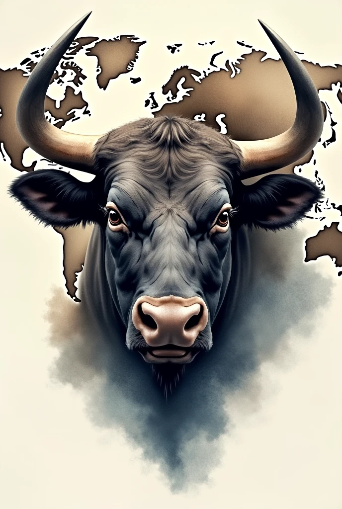 A REALISTIC PAINTING OF A BULL'S FACE on a world map, water colour , modern abstract,high resolution,high qualiy,