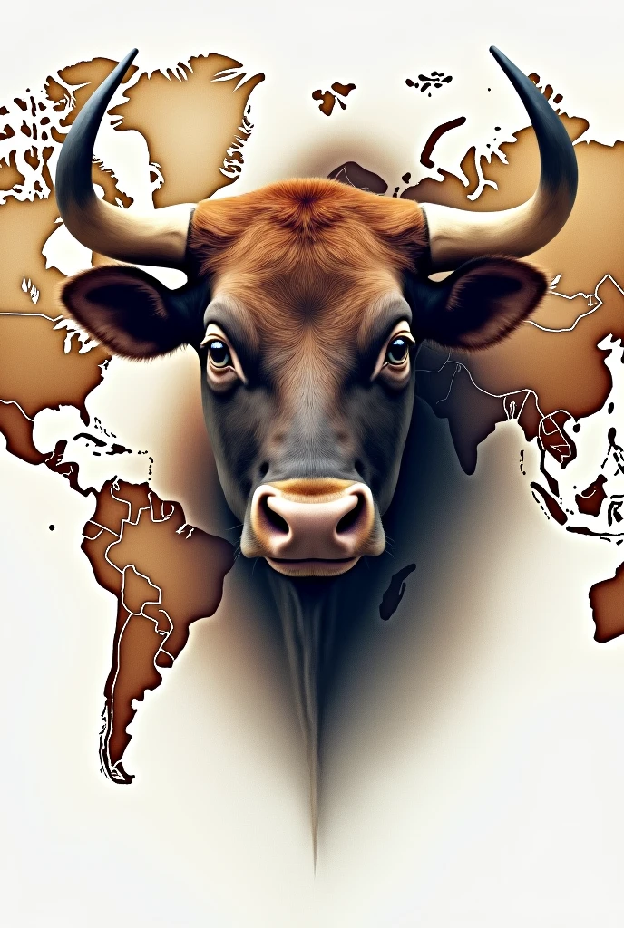 A REALISTIC PAINTING OF A BULL'S FACE on a world map, water colour , modern abstract,high resolution,high qualiy,