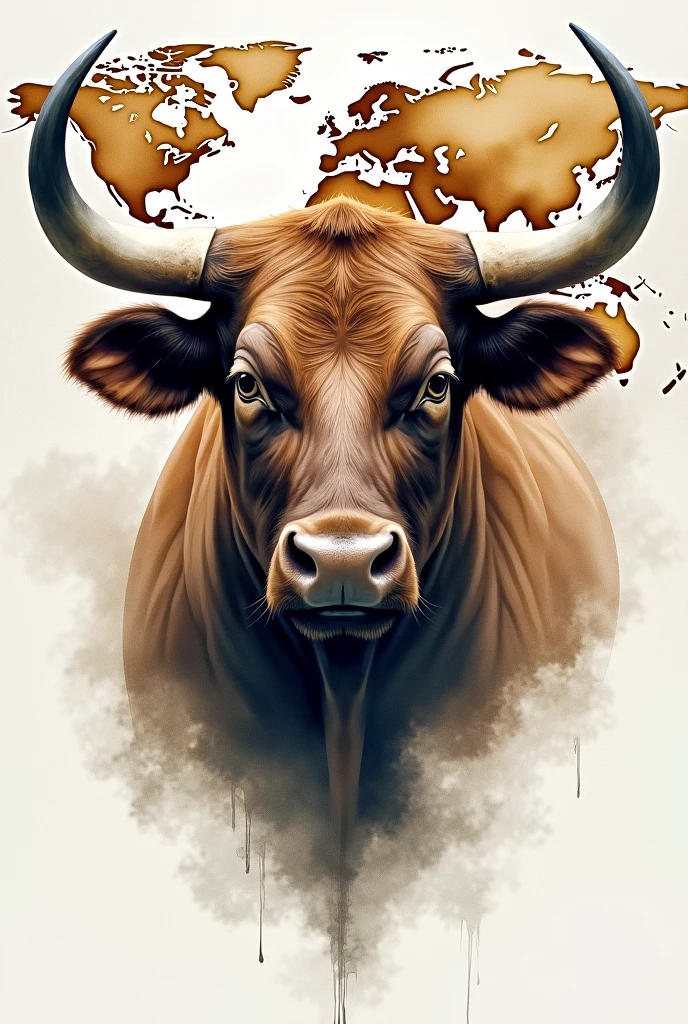 A REALISTIC PAINTING OF A BULL&#39;S FACE on a world map, water colour , modern abstract,high resolution,high qualiy,
