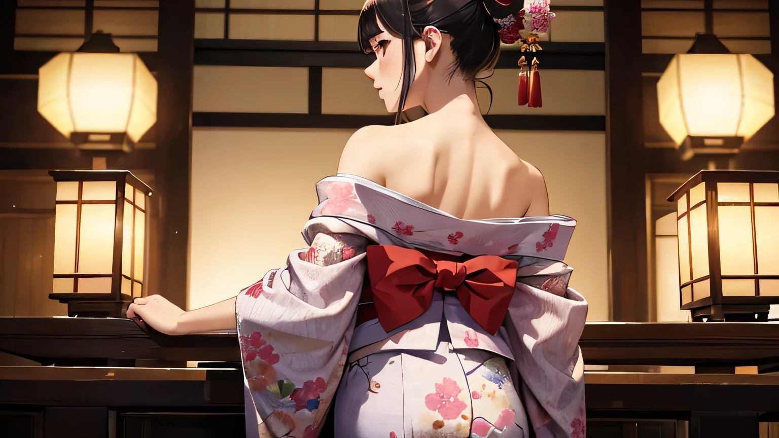 ((Highest quality)), ((masterpiece)), (detailed), One person, Off-the-shoulder sweater, Twelve-layered kimono、Sakura-colored kimono、Back view、Lantern、Twilight、Tatami room、A kimono with a wide hem