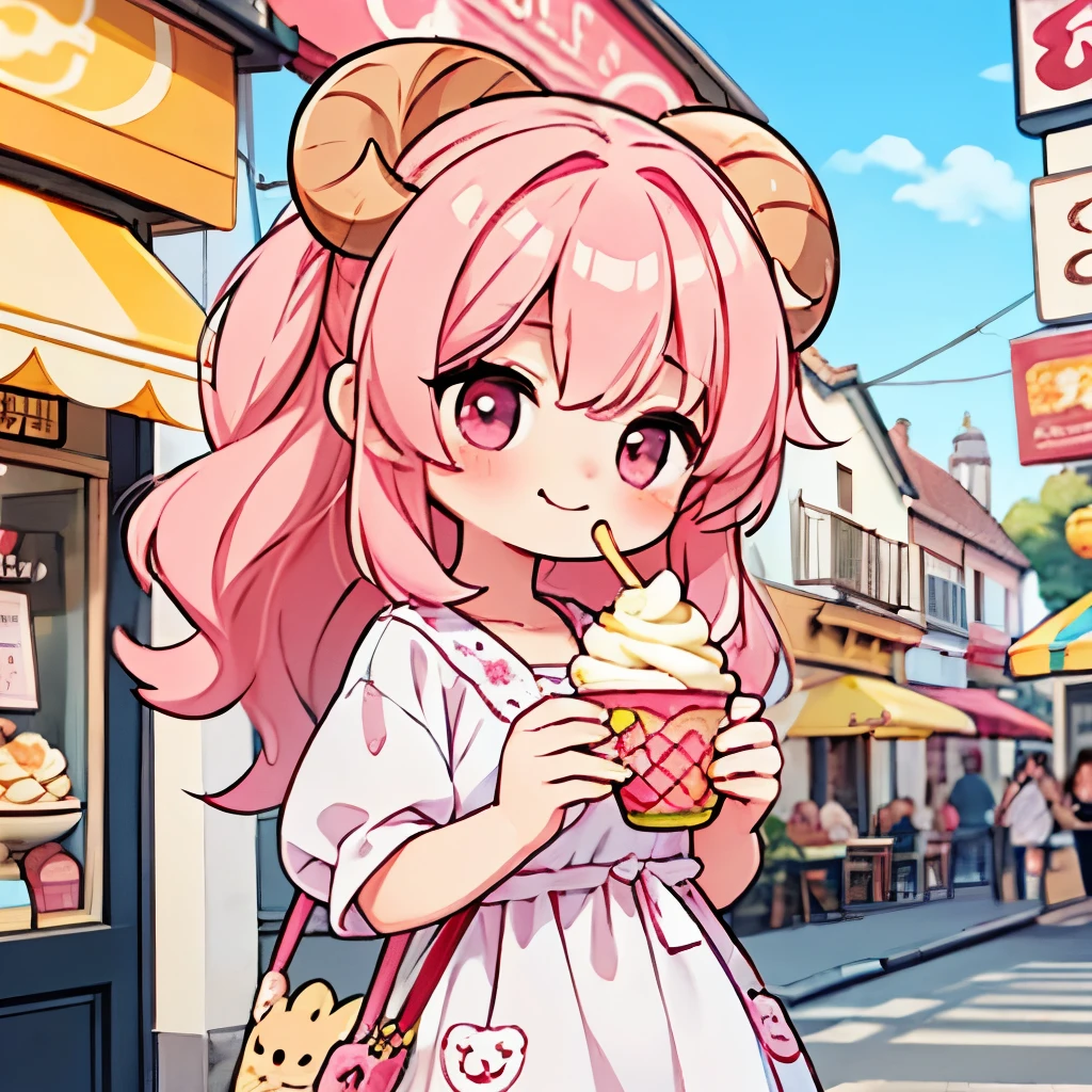 An anime-style illustration of ‘Fua-chan’ happily eating gelato. Fua-chan has distinctive features: long pink hair styled in soft curls resembling sheep’s horns, and pink eyes. She is depicted holding a cup or cone of gelato, smiling brightly with a look of delight as she takes a bite. She is wearing casual, cute clothing suitable for a warm day out. The background shows a charming outdoor setting, perhaps a sunny street with a gelato shop in the background, creating a cheerful and summery atmosphere that highlights her enjoyment of the sweet treat.