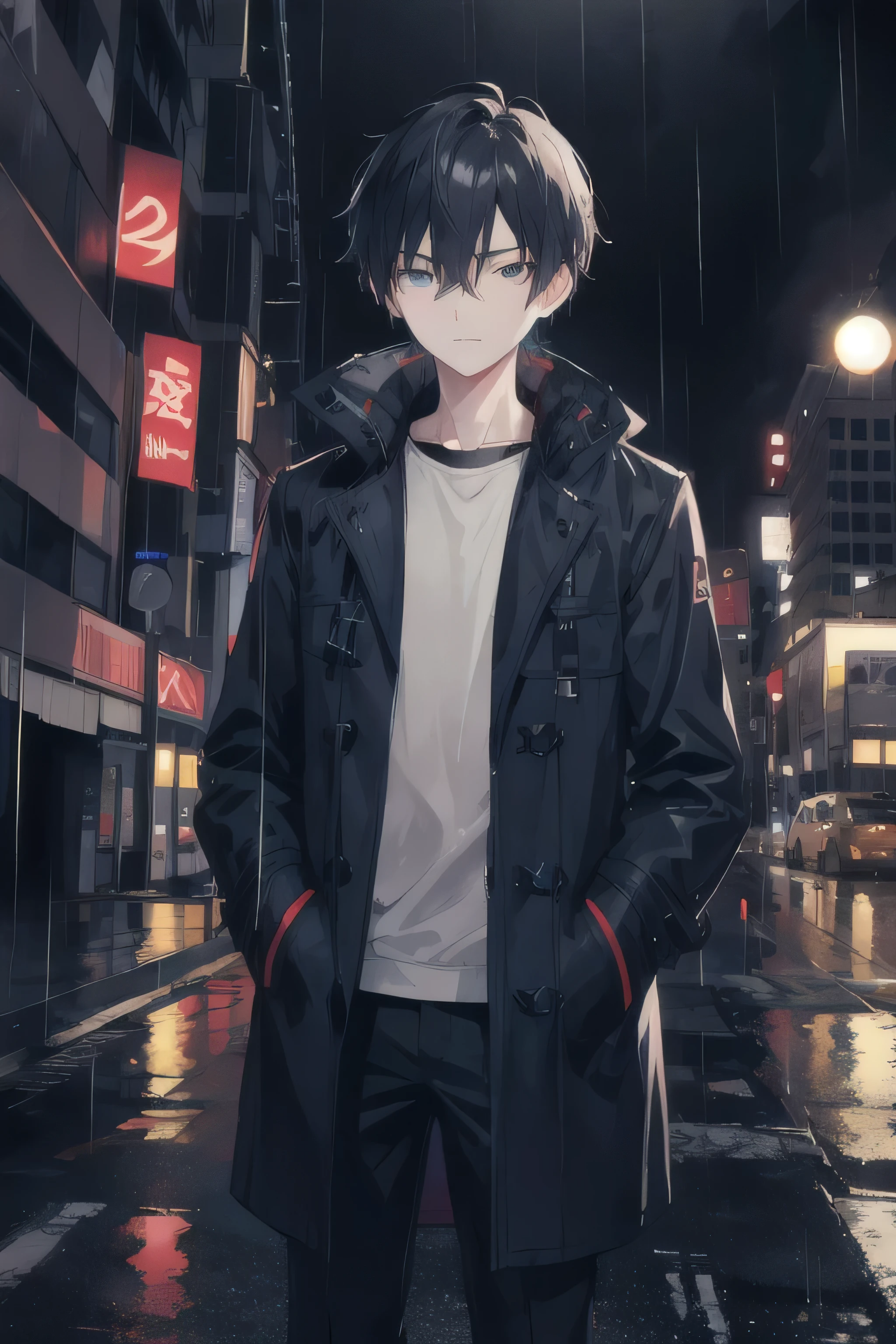 1boy,night city,rain,coat,hands in pockets