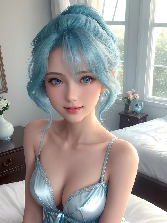 Anime, realistic digital photo of the natural young skinny 17 yo beauty with updo haircut, ponytrail in bedroom in a shiny silk aquamarine nightunderware, Victoria Secret, smile, highly detailed, dynamic and perfect composition, fullview, look down, artistry of Jose Royo, best picture, won turnament