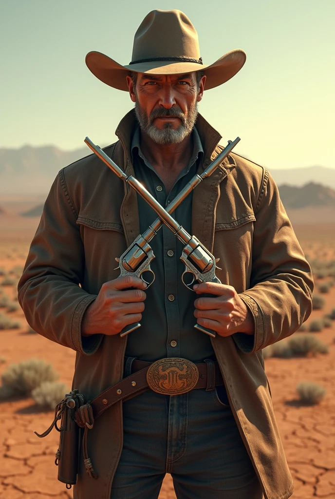 Cowboy with hat holding two pistols across his chest