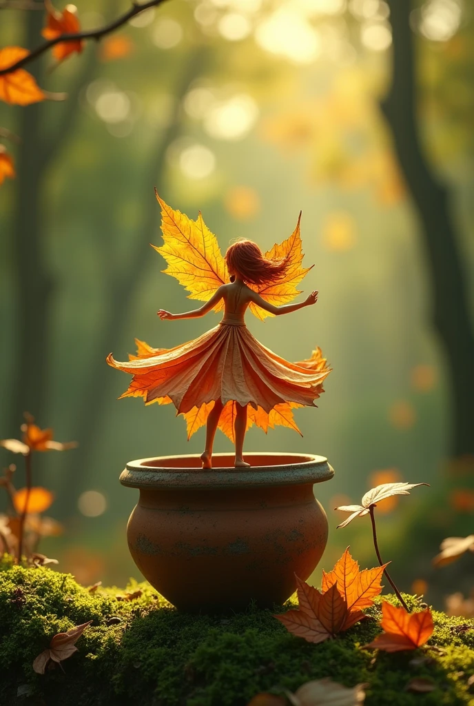A whimsical miniature figure composed of delicately arranged autumn leaves, poised in a carefree dance on the rim of a weathered, moss-covered terracotta pot, set against a lush, vibrant forest backdrop, where dappled sunlight filters through the canopy above, casting intricate shadows. The overall aesthetic is ethereal, with warm, earthy tones of sienna, umber, and olive green, infused with hints of emerald and golden light, evoking a sense of wonder and enchantment, as if plucked from a fantastical realm.