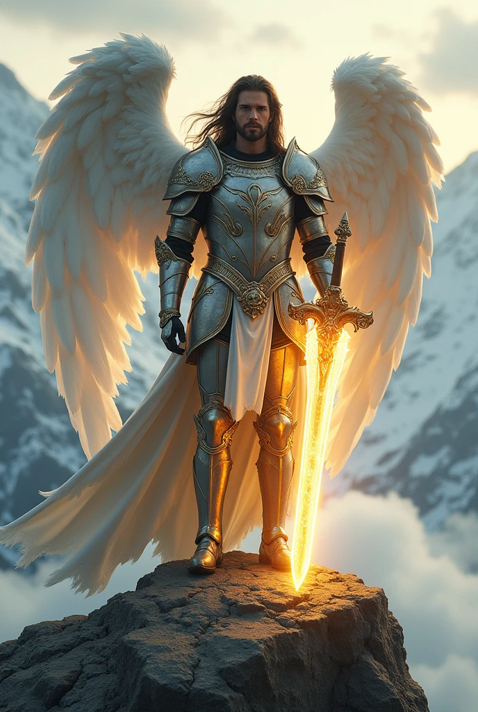 Heavenly mountain top scenery, hyper realistic, handsome male, long brown hair, Detailed angelic knight armor, holding an intricate sword beaming gold energy, mighty, battle ready pose, fierce and confident expression,