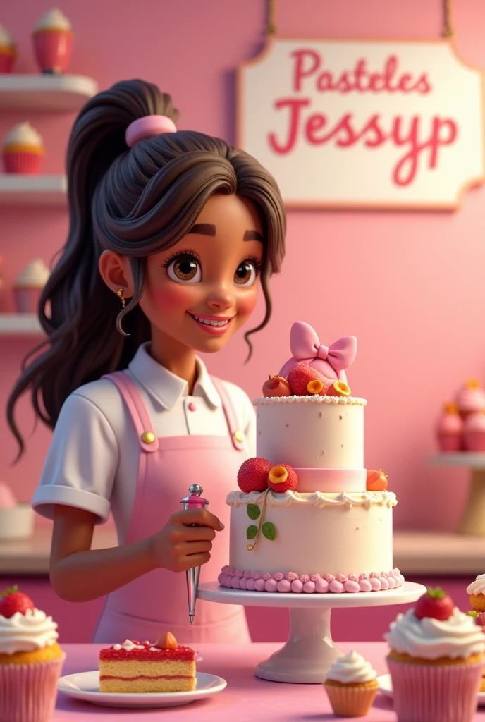 Pastry girl, light brown skin color, dark brown eyes,smiling with braces on teeth, long loose hair, hair with caramel balayage, with a sign “Pasteles JessyP” in pink flowery letters hanging on the wall, Pink colour, around cakes, cupcakes and the girl decorating a 2-tier cake with a pastry bag