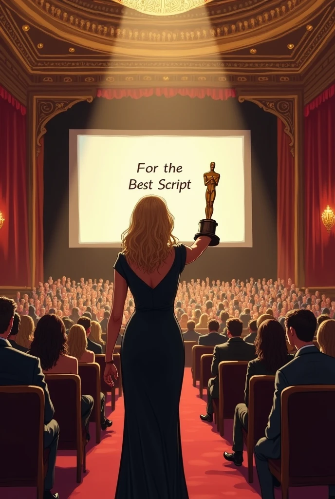 Create an drawing where a woman stands on the stage while the oscar contest, holding an oscar statuate in her hand for the best script to the movie and behind her is screen with text,, for the best script ". The woman is standing i front of pov. The size of the drawing is horizontally and the pov is from the viever who sits and the end of the hall, the woman is in front of his eyes and the audience is also on the picture in front of the viever. Make the hall seem bigger and more prestige. Woman have dark blond hair..