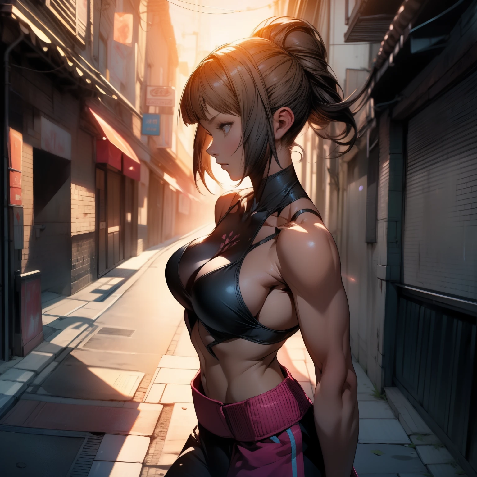 (((masterpiece))), (((best quality))), ((ultra-detailed)), (illustration), (detailed light), ((an extremely delicate and beautiful)), dramatic_shadow, ray_tracing, motion lines, looking at viewer, 1girl, solo, Mature, medium breasts, bare shoulders, standing, boxing pose, empty street, alleyroad, juri han