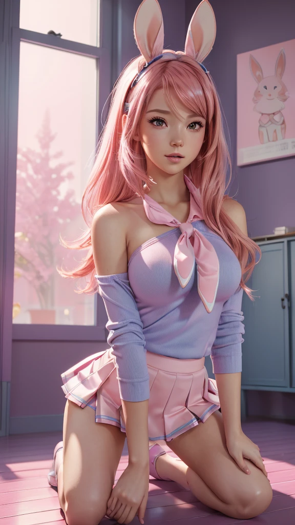close up, (cute and sexy girl,pink hair,bunny girl:1.1,ultra-realistic,best quality,4k,highres,masterpiece:1.2),detailed lighting,anime, blue school uniform and blue pleated skirt, school background blurred, kneeling, back turned, looking over shoulder