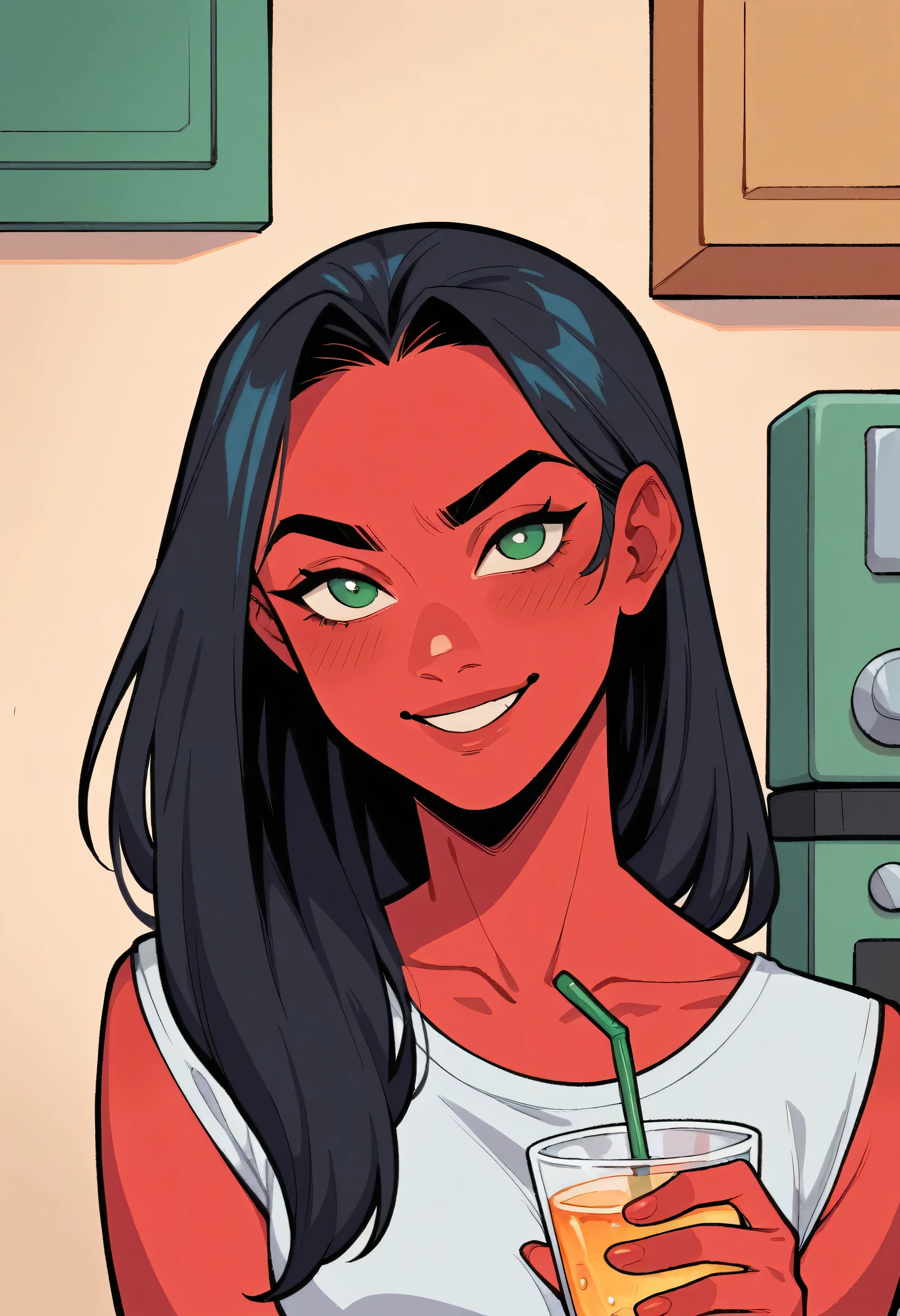  a young red woman(26 yo) named Rinalia Clareta in a comic realist style. She has long black hair, emerald green eyes, and a smiling, ambitious expression. She has a vivid red skin tone(athletic body ,long legs)naked,average sized breasts, close up of face,face view,kitchen,drink cofee.Comics style 