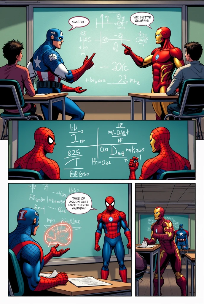 Page from a comic book with Marvel characters teaching quadratic equations 