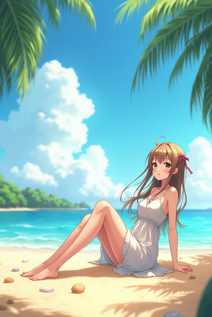 Anime girl showing his feet on the beach 