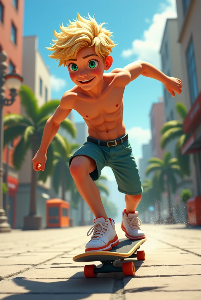 Blond hairy boy, shirtless green eyes with abs and skateboarding in a square