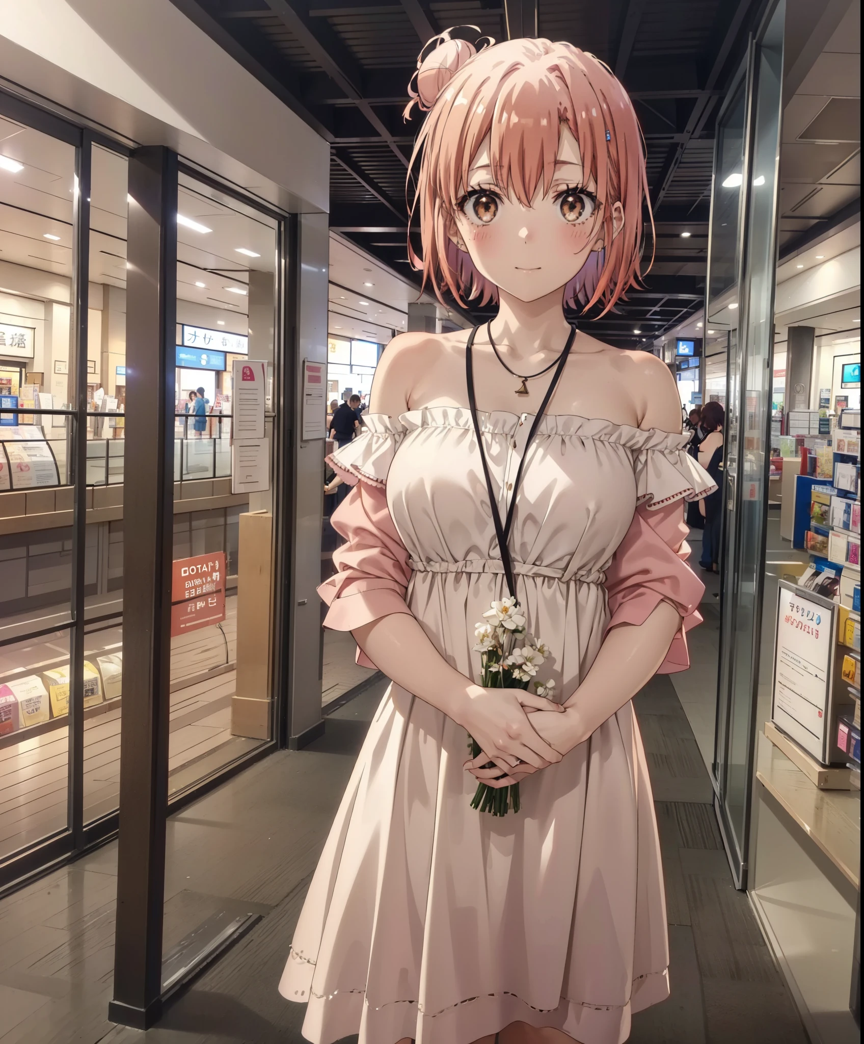 yuiyuigahama, yui yuigahama, short hair, (Brown eyes:1.5), (Pink Hair:1.2), Hair Bun, single Hair Bun,Big Breasts,smile,blush,Open your mouth,Off-the-shoulder dress,Bare shoulders,bare clavicle,Bare neck,Rocket Pendant,mini skirt,Cute heeled sandals,Daytime,Clear skies,Walking,whole bodyがイラストに入るように,
break indoors,Shopping mall,
break looking at viewer, whole body,
break (masterpiece:1.2), Highest quality, High resolution, unity 8k wallpaper, (figure:0.8), (Beautiful attention to detail:1.6), Highly detailed face, Perfect lighting, Highly detailed CG, (Perfect hands, Perfect ???????),