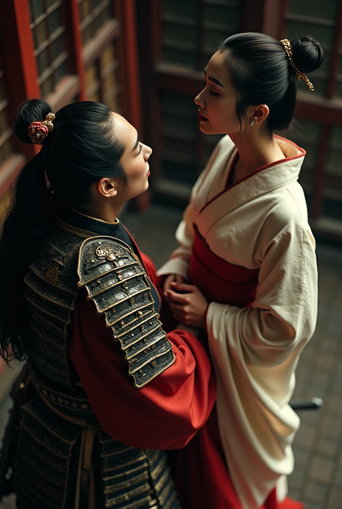 medium shot of a Japanese samurai and a geisha, comely , looking up, leather armour, silk robe, soft lighting, film grain, From above, trunk, epic photo,
