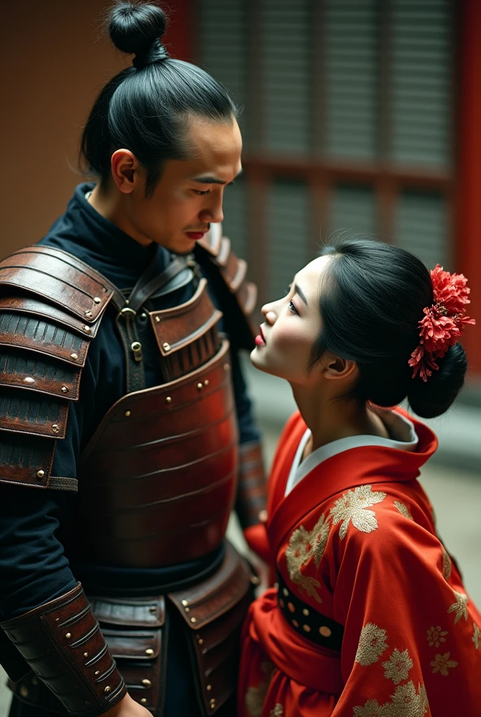 medium shot of a Japanese samurai and a geisha, comely , looking up, leather armour, silk robe, soft lighting, film grain, From  above, trunk, epic photo, 