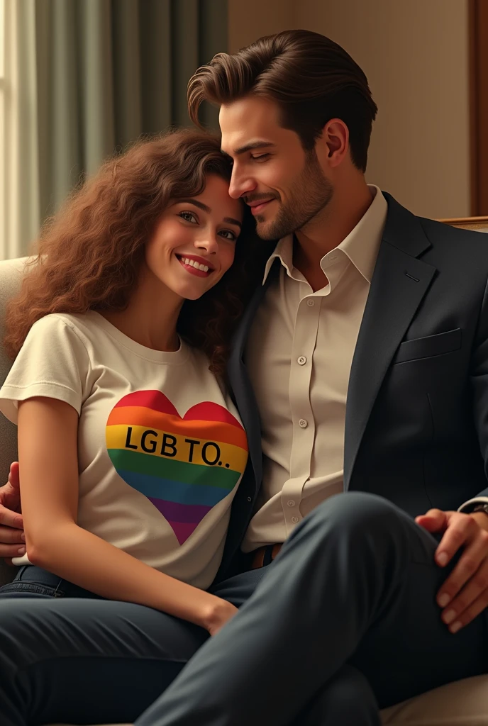 a 20 year old female wearing lgbt shirt lap sitting a suited fit masculine beautiful male