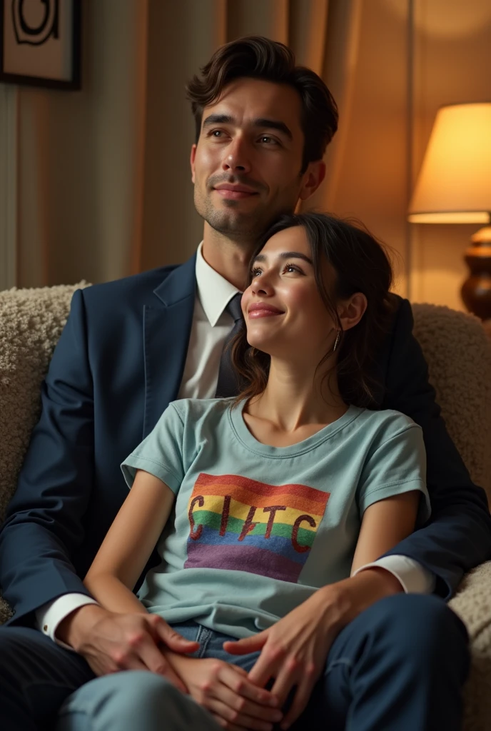 a 20 year old female wearing lgbt shirt lap sitting a suited fit masculine beautiful male